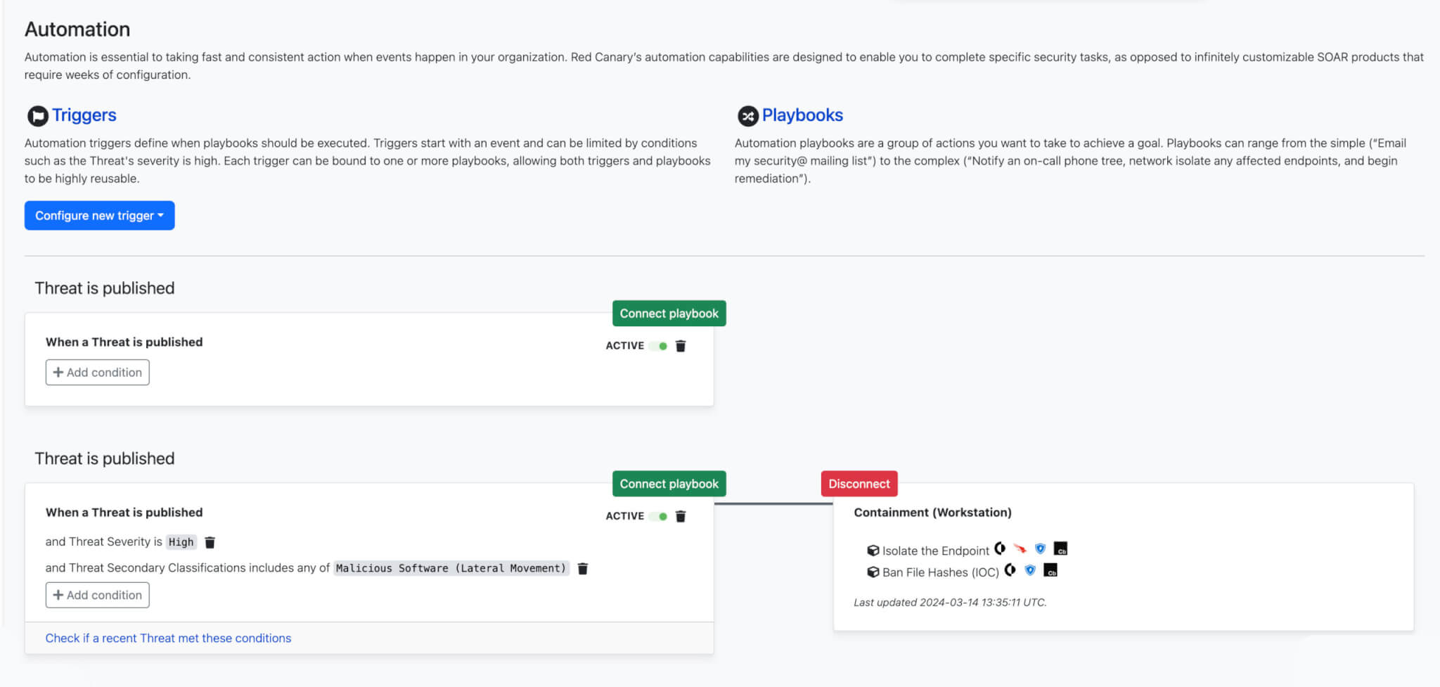 Screenshot of Automation in Red Canary portal